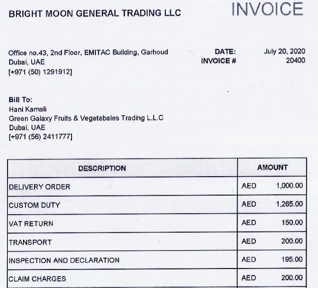 Bright moon invoice with Mahan air