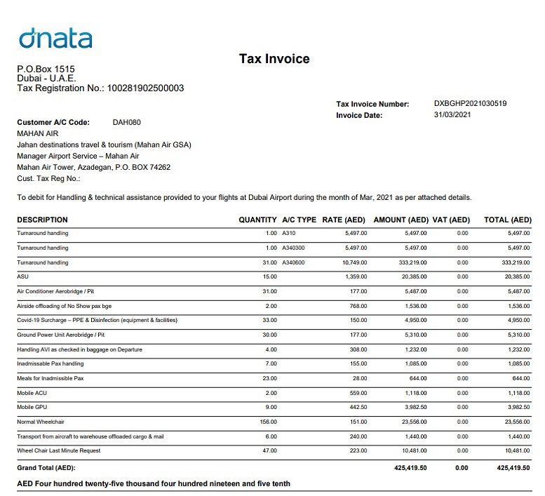 Dnata Invoice with Mahan air